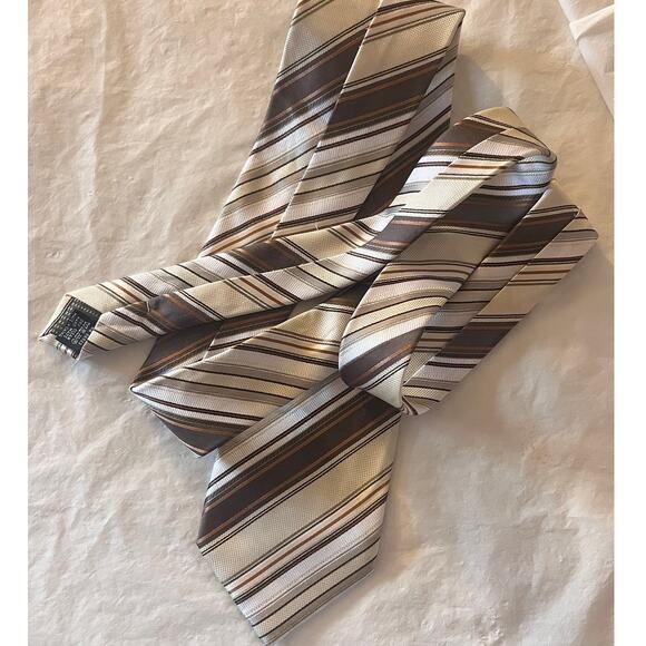 Valerio Garati Necktie  - 100% Polyester Brown Cream Gray Off White Striped Tie - Picture 11 of 13